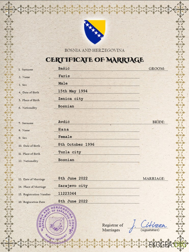 Modèle PSD de certificat de mariage de Bosnie Herzégovine,